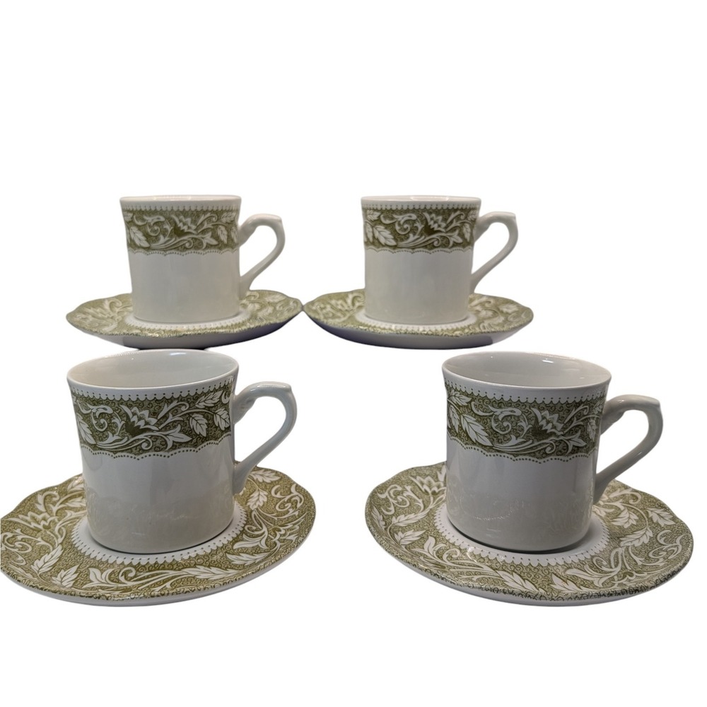 J G Meakin Teacups Saucers Renaissance Green English Ironstone Set of Four SEE